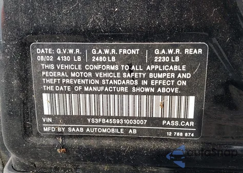 2003 Saab 9-3 Linear из США, поврежденный, VIN YS3FB45S931003007